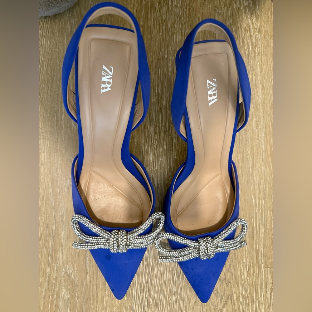 Zara Blue Heels w/ Embellished Bow, Size 7